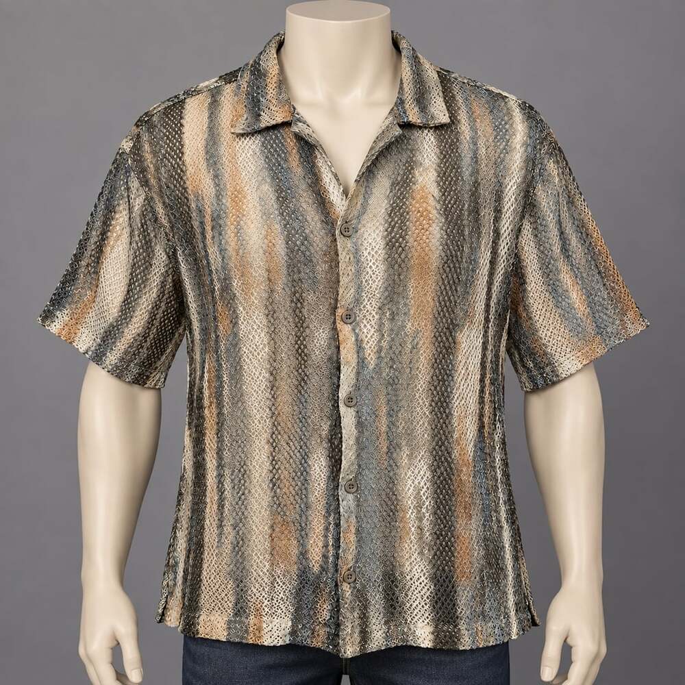 Zara Men’s XL Crochet Mesh Shirt Sheer Abstract Print Button Up Short Sleeve